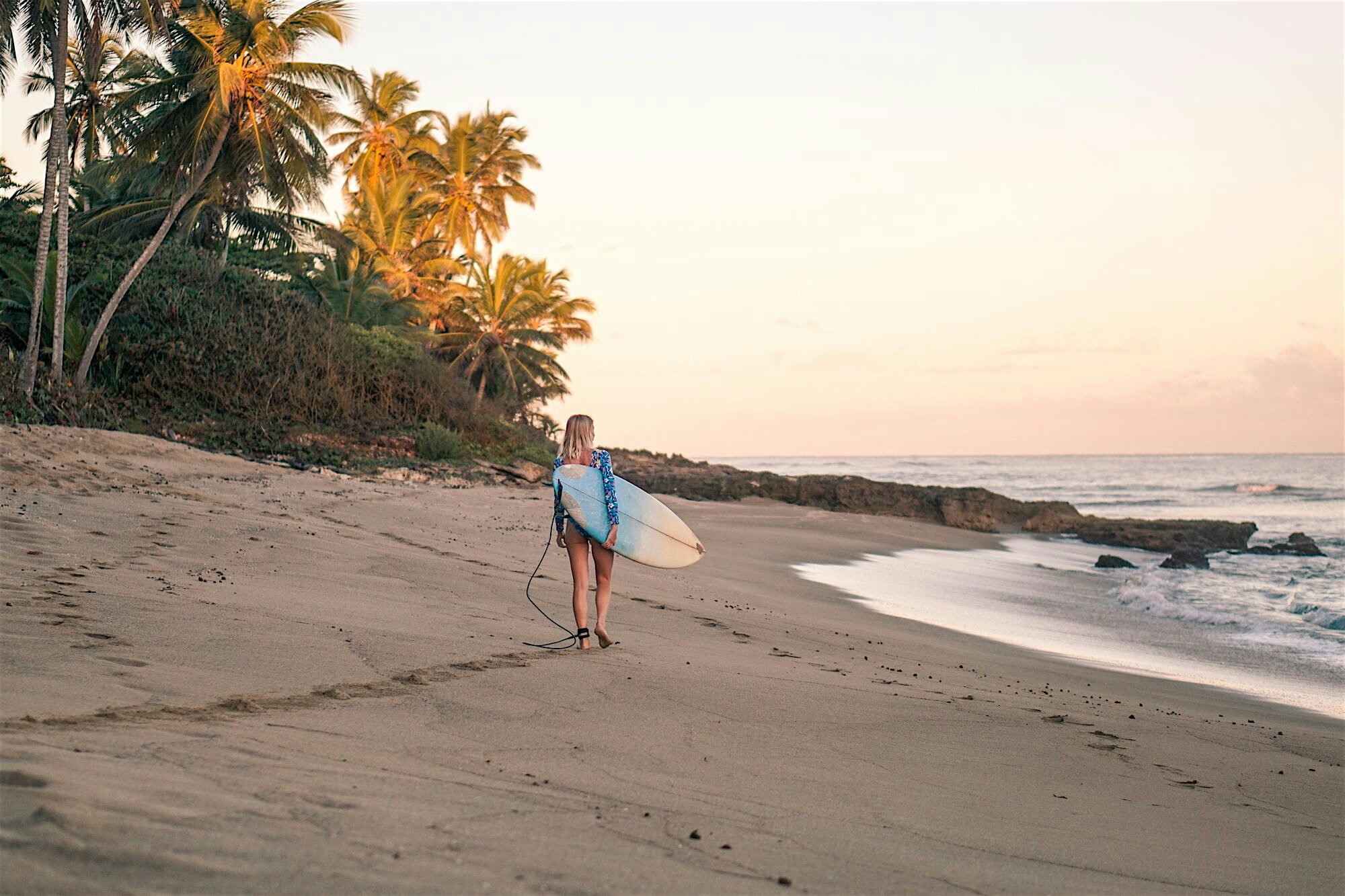 Surfer walking on the beach looking out to sea with surf board under one arm and a patch of palm trees to the left