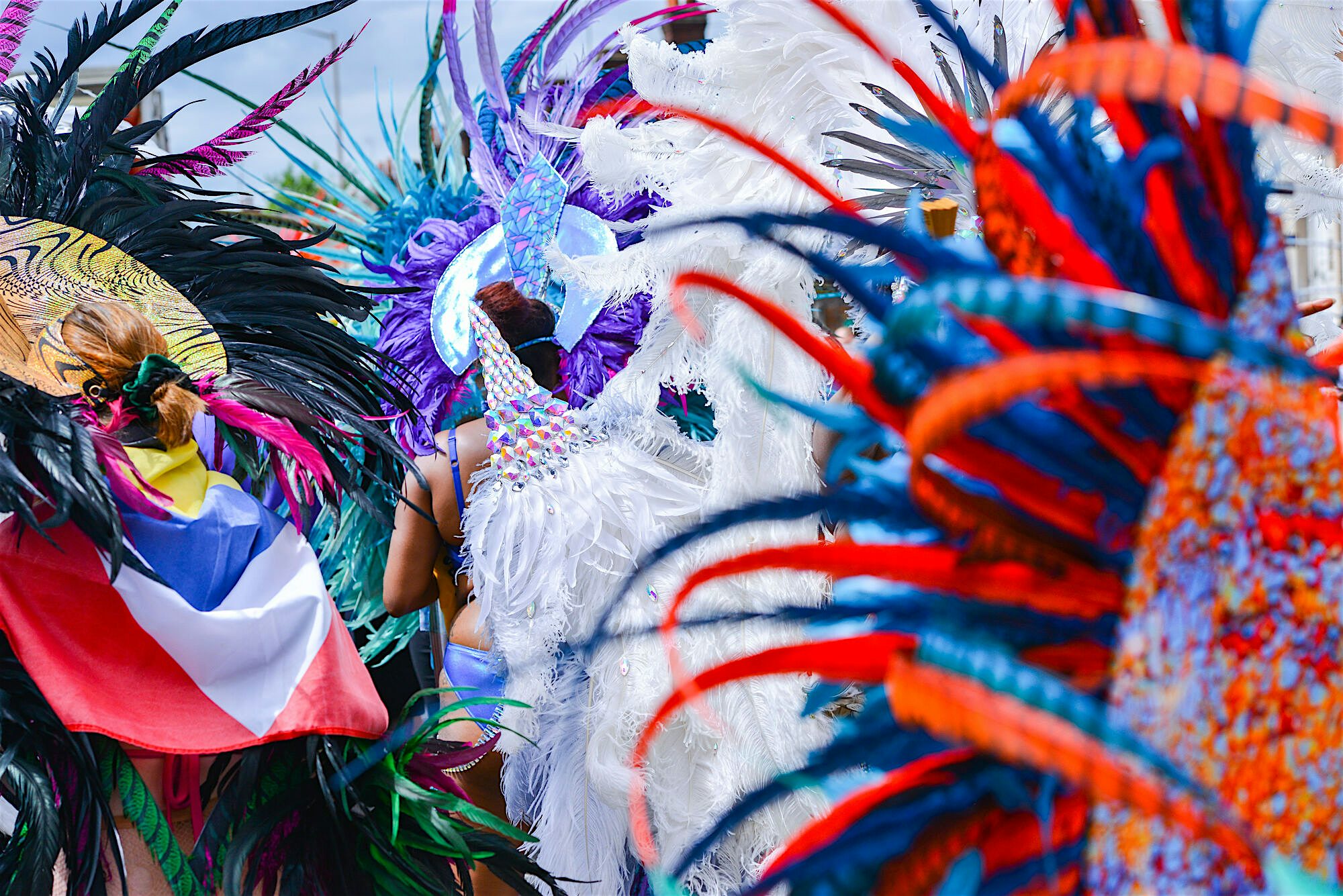 Carnival parade featuring feathered costumes