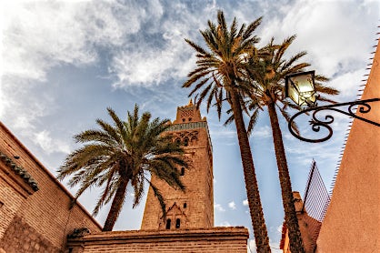 Traditional brick architecture, facing upwards to a tower and trees