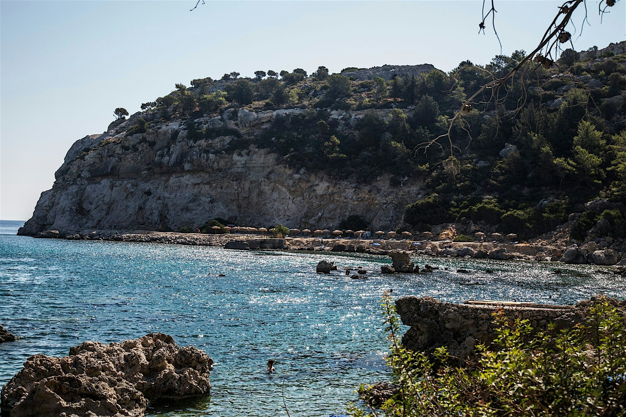 Anthony Quinn Bay narrow cove, clear blue water, surrounded by cliffs covered in pine trees.