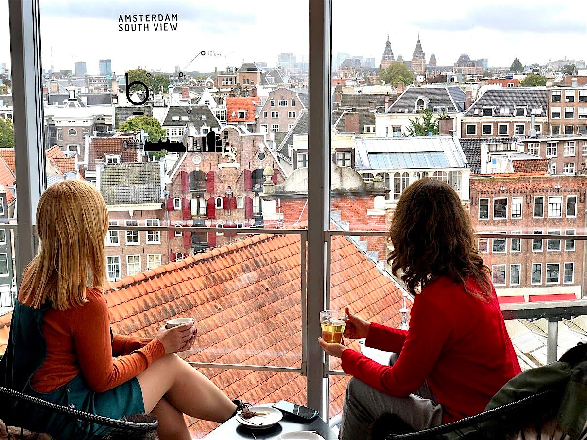 Two people drinking coffee looking out a window at the skyline/view