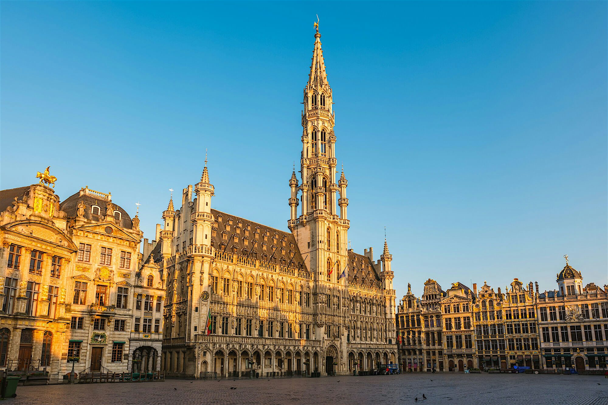 Grand Gothic town hall with an ornate central spire dominating a wide stone square, its detailed façade glowing in warm late-day light.