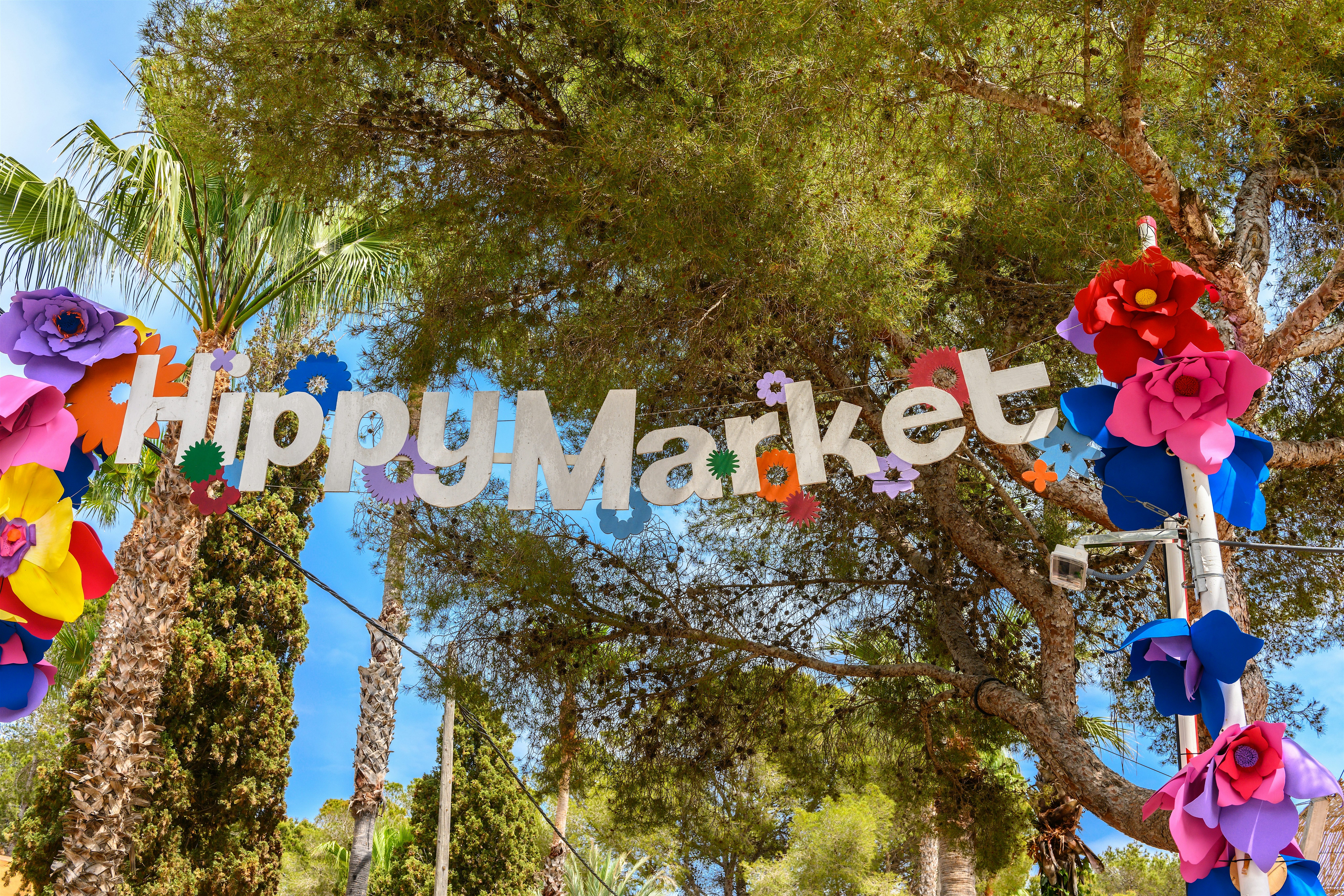 A colourful “Hippy Market” sign decorated with large paper flowers, strung between trees under a bright blue sky.