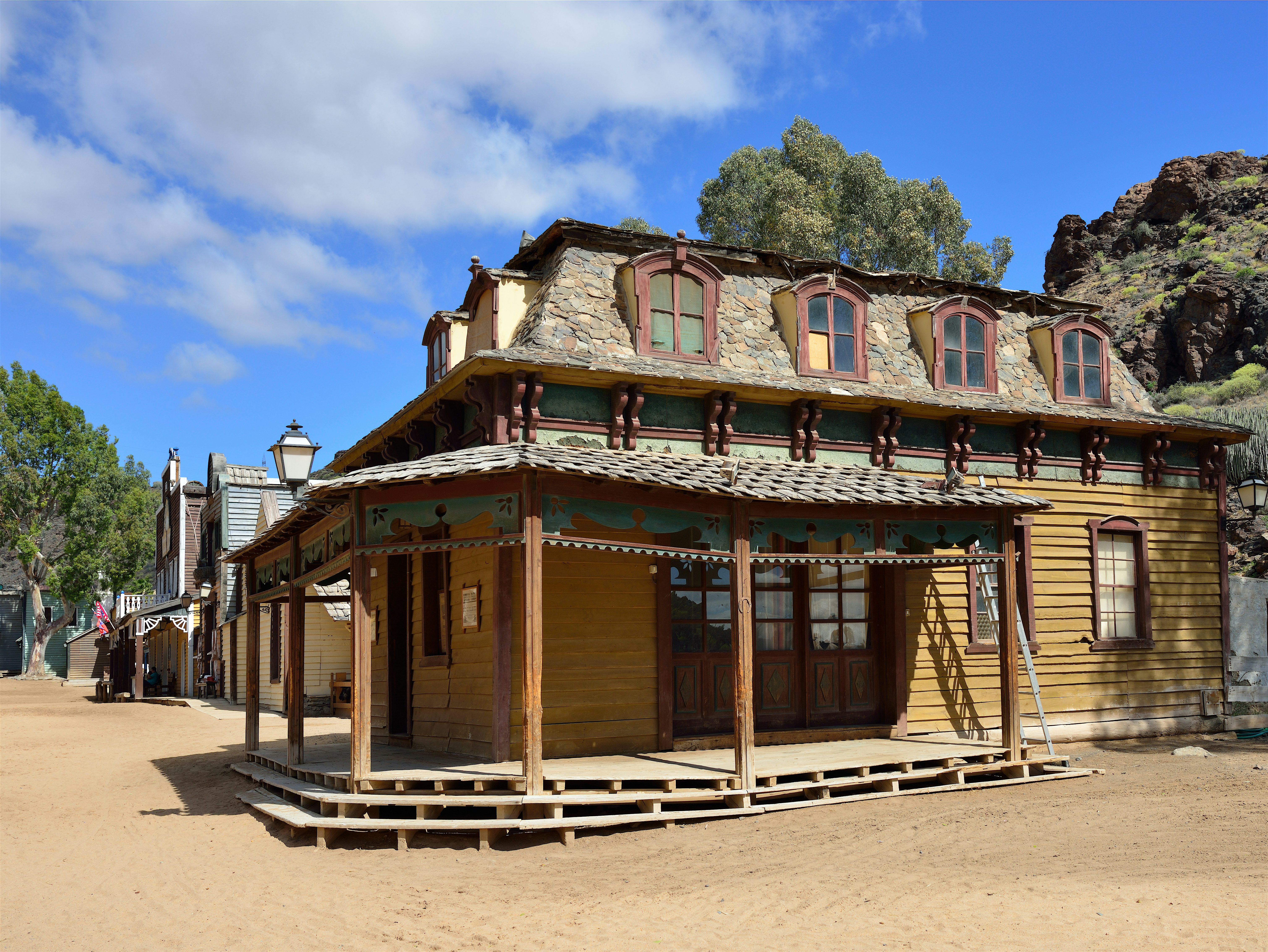Street of wooden buildings in Sioux City Park, a Western-themed theme park
