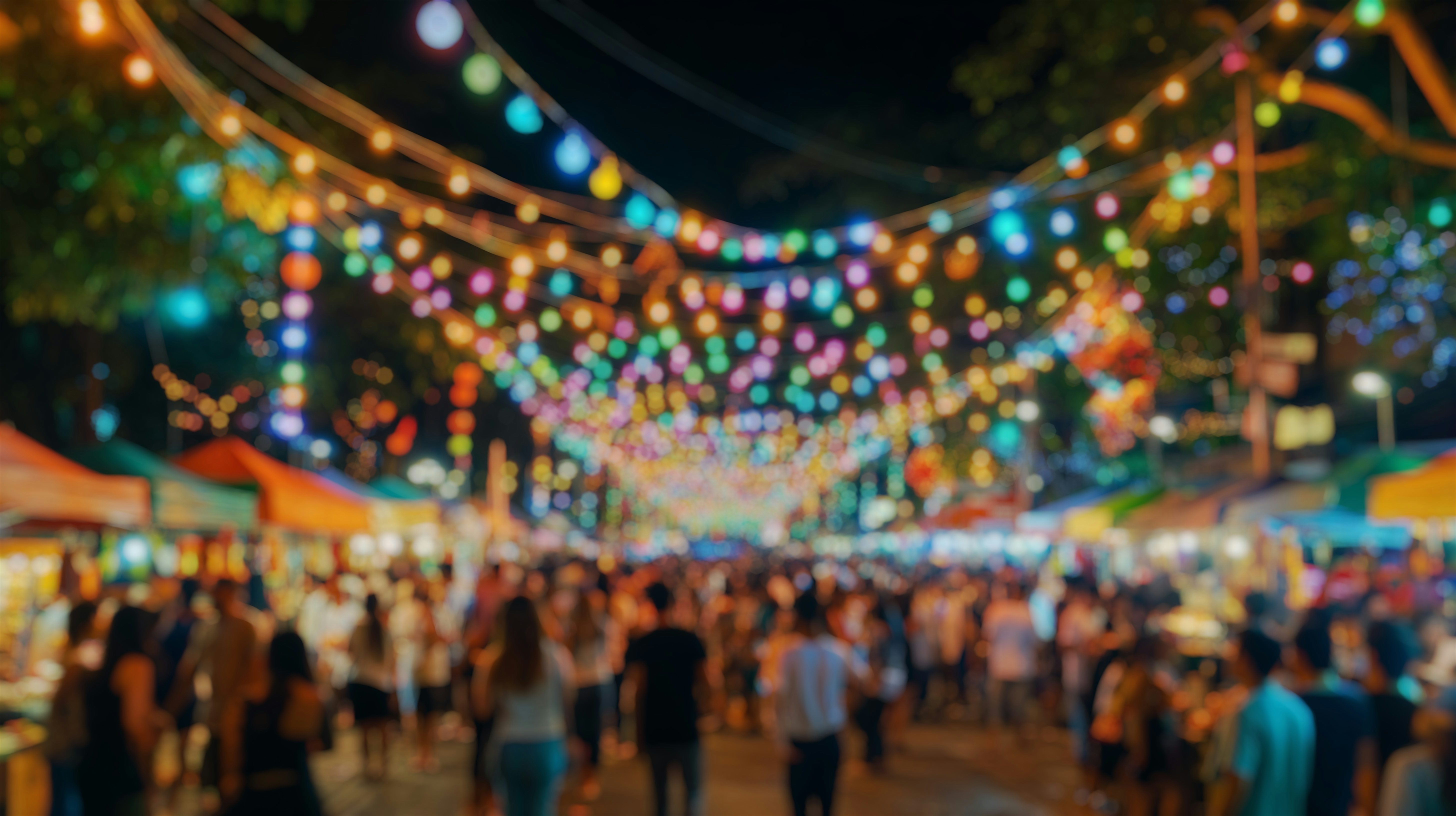 Busy outdoor night market with stalls on both sides all under a canopy of colourful lights