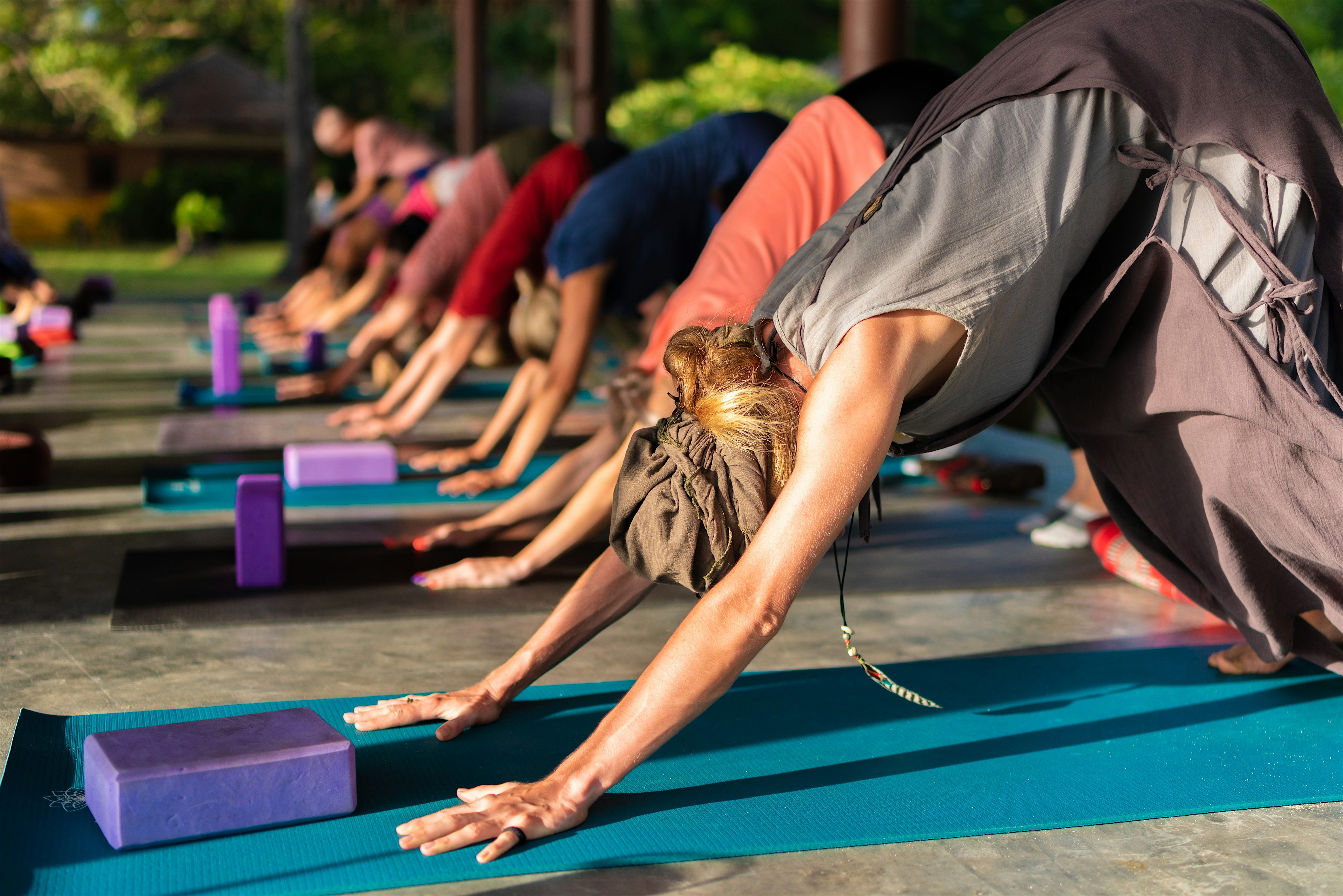 Row of people practicing yoga outside