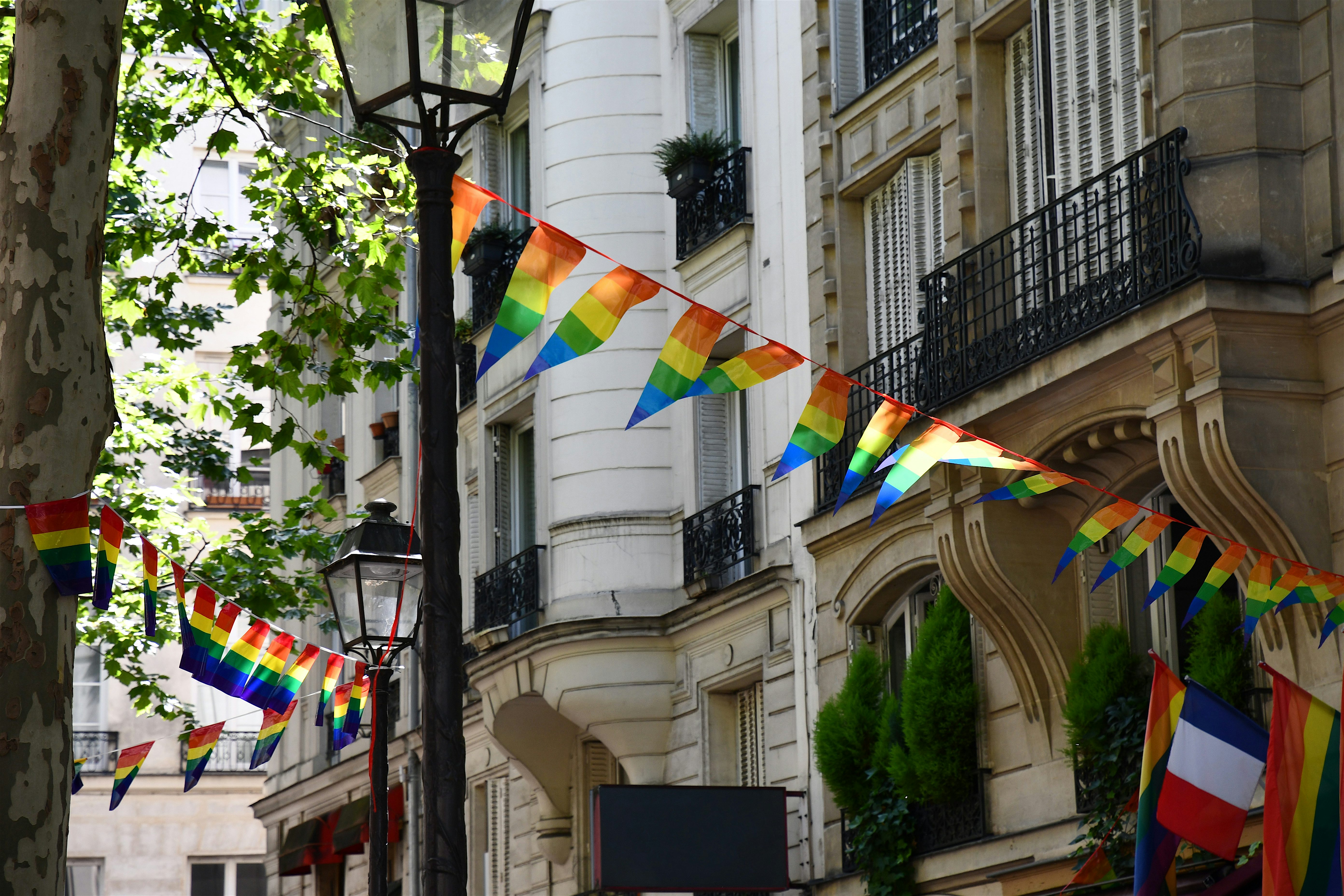 Rainbow bunting strung across a Parisian street, hanging between classic cream stone buildings and leafy trees.