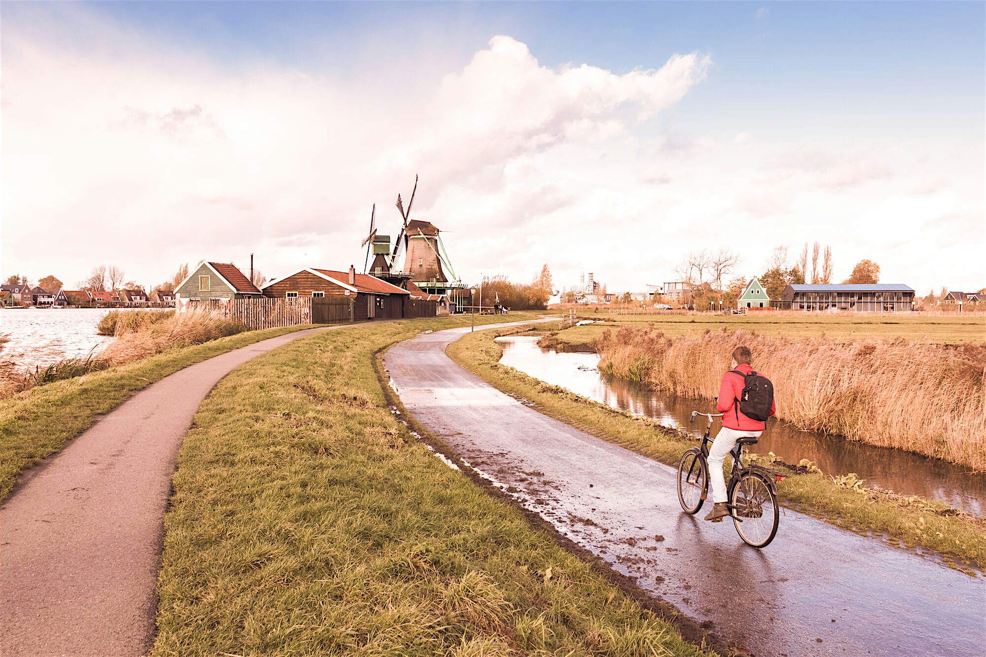 Cyclist riding along a path beside a canal and grassy fields, with windmills and small houses in the distance