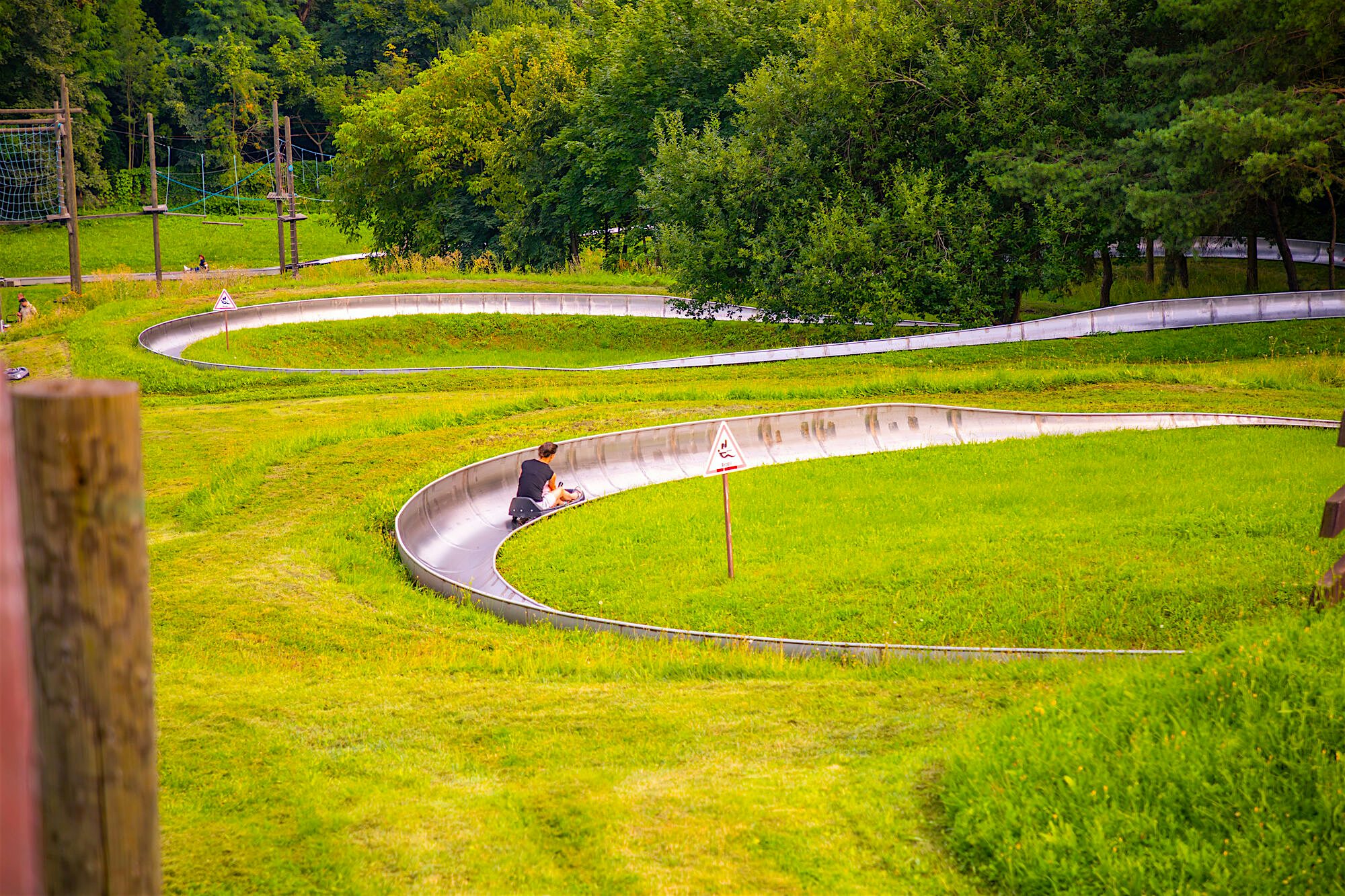 Curving alpine slide running through a vivid green hillside, with riders descending the metal track surrounded by forest.