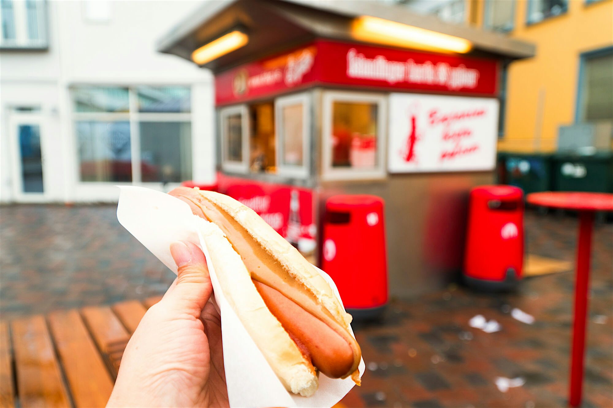Person holding a hot dog with the legendary hot dog stand Bæjarins Beztu Pylsur behind