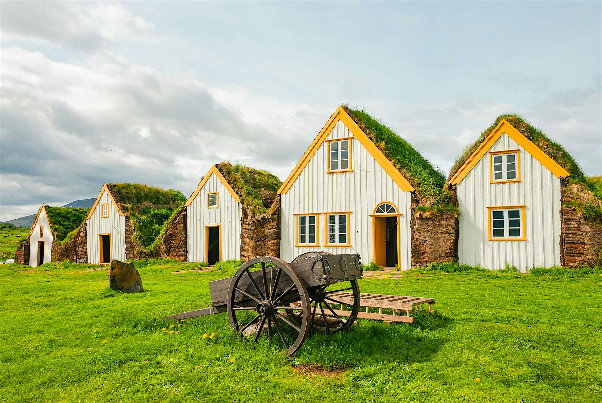 Glaumbær Turf Farm & Museum yellow and Gray 19th-century timber houses with turf roofs