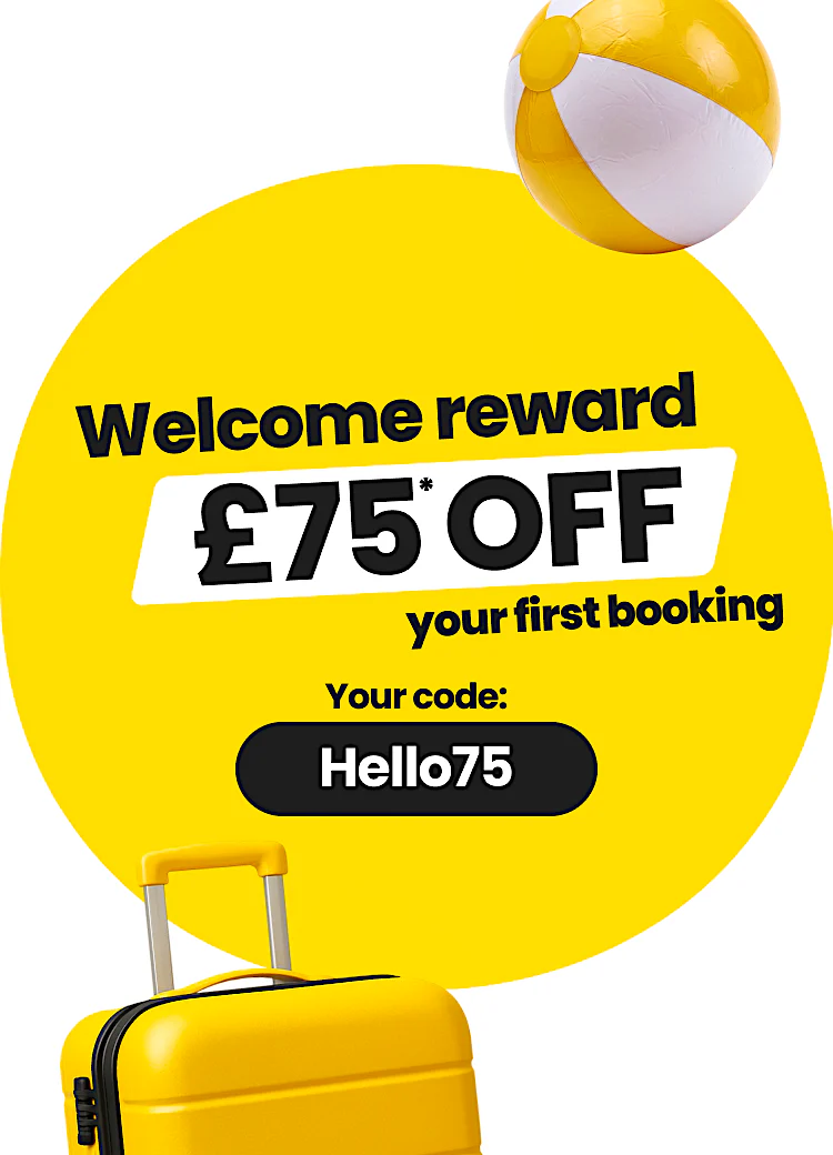 Sundeals welcome reward banner offering £75 off a first booking with code Hello75, shown with a yellow suitcase and beach ball for Value holidays.