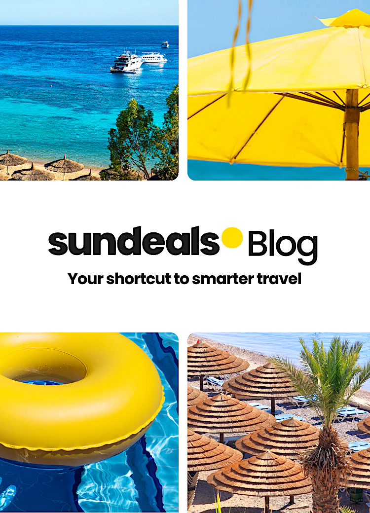 Collage of yellow holiday images, text reading Sundeals Blog – your shortcut to smarter travel