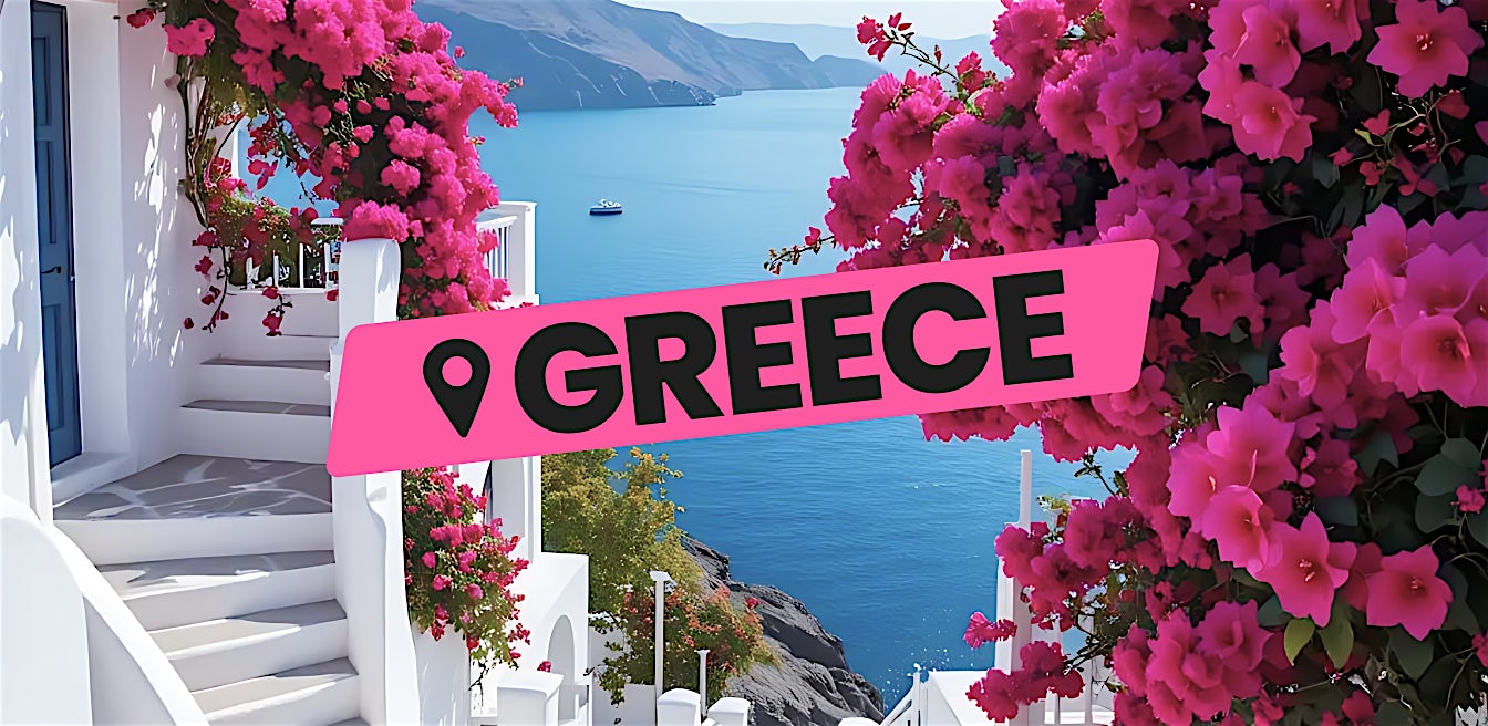 Greece all inclusive holiday with white buildings, bougainvillea and sea view coastal village