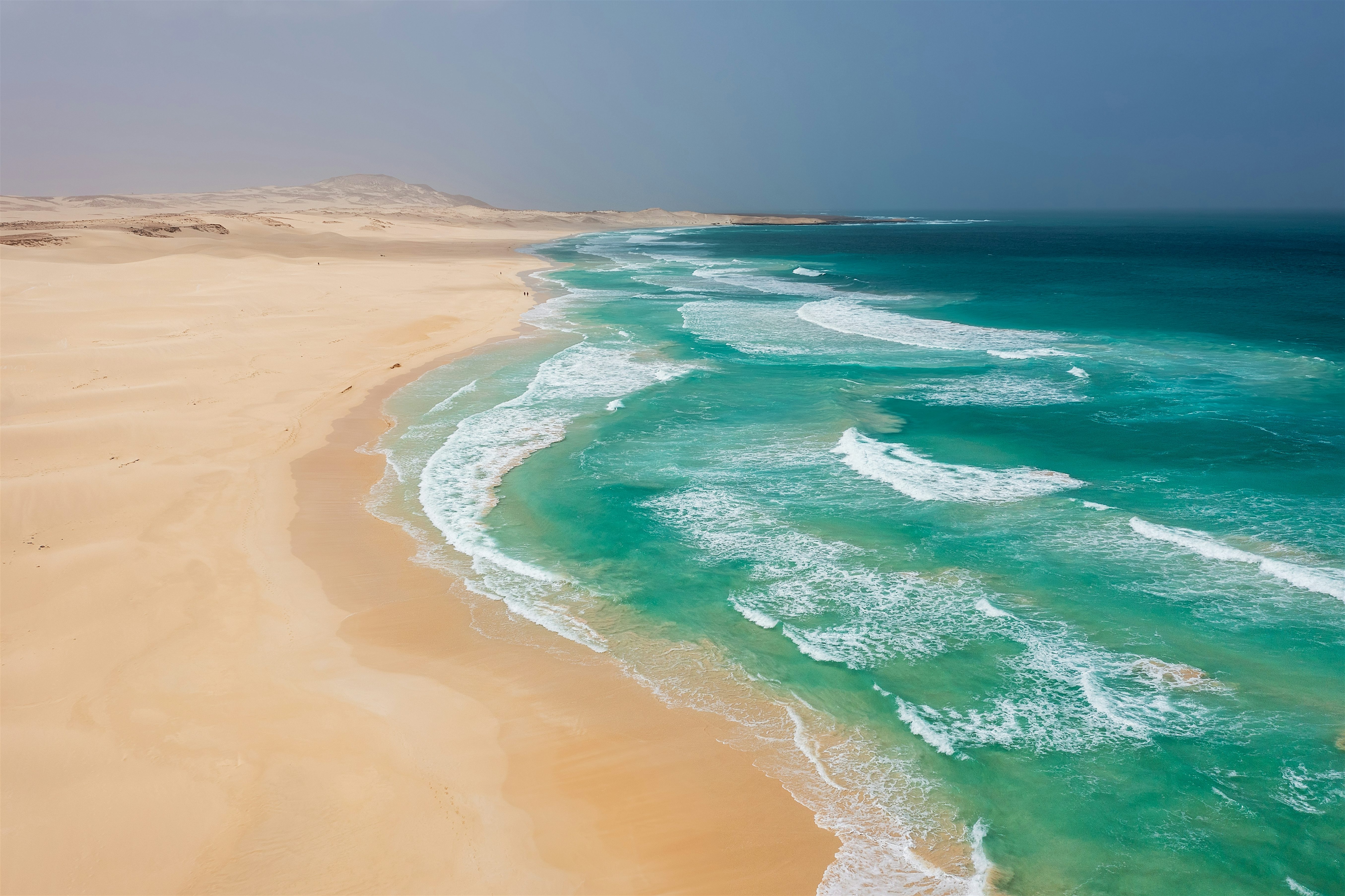 Sand beach with waves from above on Cape Verde’s island Boa Vista