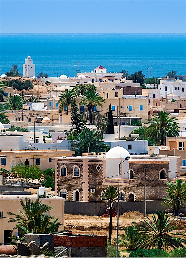 Tunisian coastal town with whitewashed buildings, palm trees, Mediterranean Sea views and traditional North African architecture.