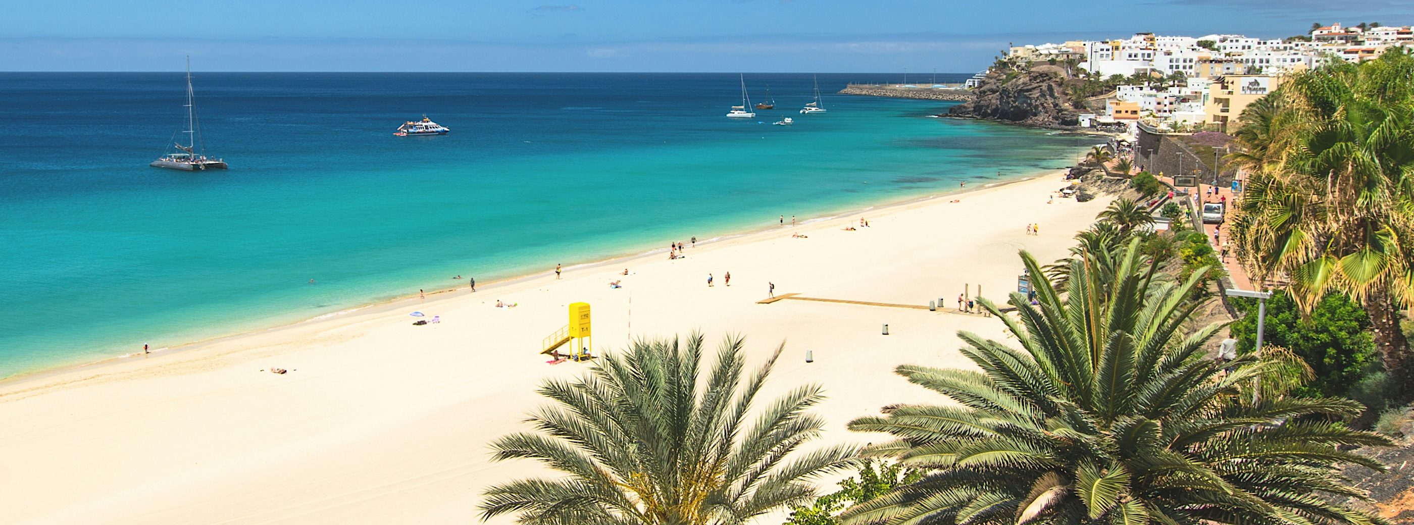 Fuerteventura beach with white sands, turquoise Atlantic waters, palm trees and boats along the coastline.