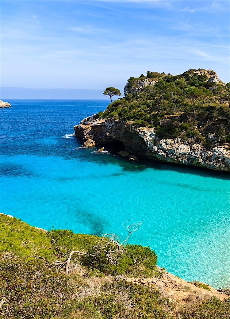 Turquoise cove in Majorca with crystal-clear water, rocky cliffs, pine trees and idyllic Mediterranean coastline.