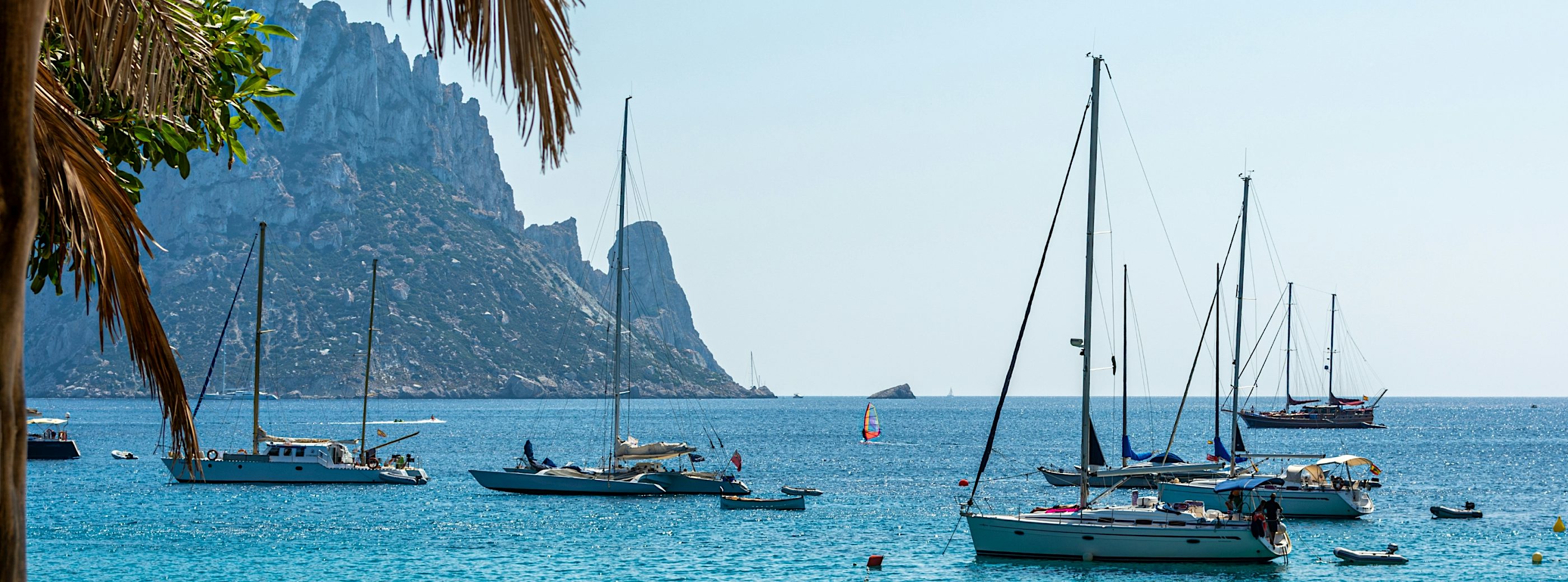Ibiza coastline with turquoise Mediterranean waters, sailboats at anchor, rocky cliffs, palm fronds, and a sunny beachscape.
