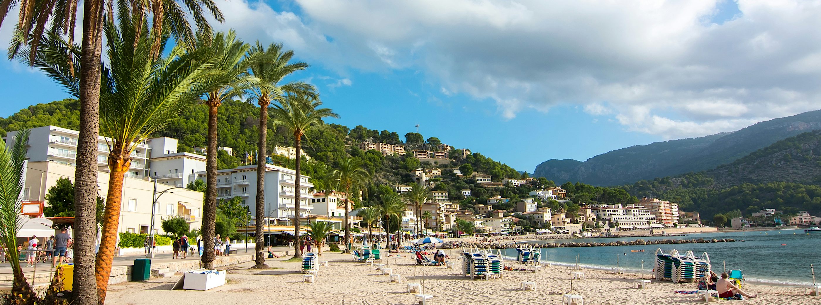 Palm-lined beach in Majorca with sandy shoreline, coastal promenade, hillside town and mountain backdrop.
