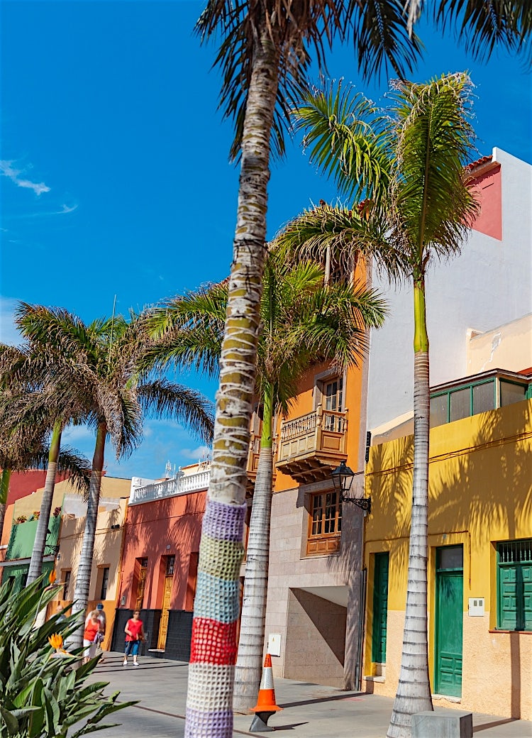 Colourful colonial buildings and palm-lined streets in Tenerife, with vibrant Canary Islands architecture and mountain views.