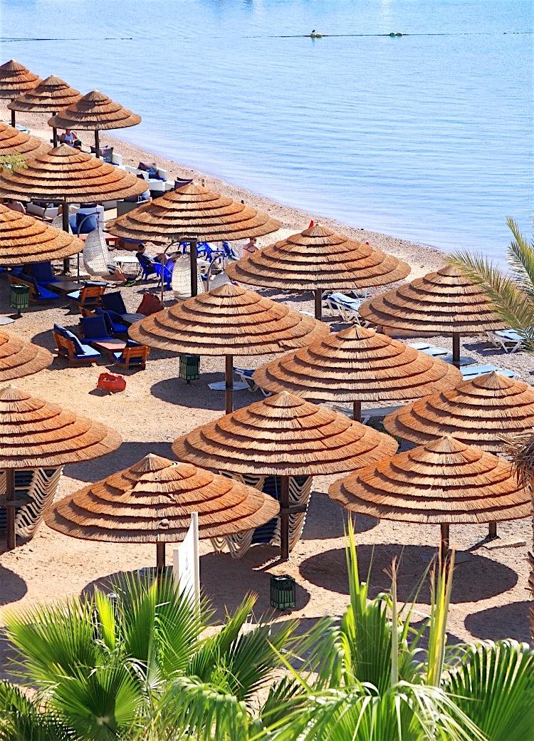 Morocco beach resort with straw parasols, sun loungers, sandy shoreline, and calm Red Sea-style coastal waters.