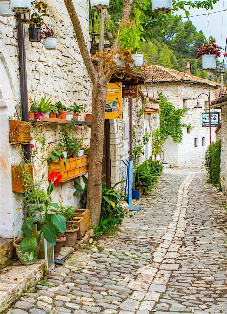 Albania, with elegant minarets, domed architecture, lush greenery, and mountain views.