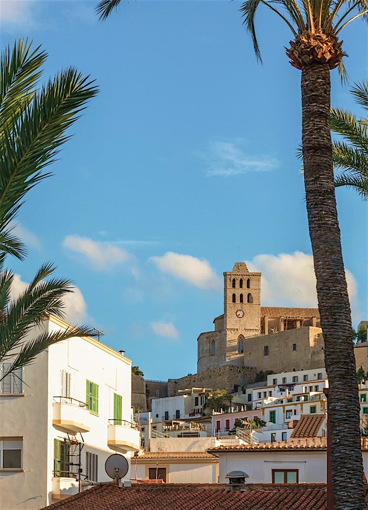 Ibiza Old Town, Balearic Islands, with palm-lined streets, historic stone architecture, and Mediterranean hillside views.