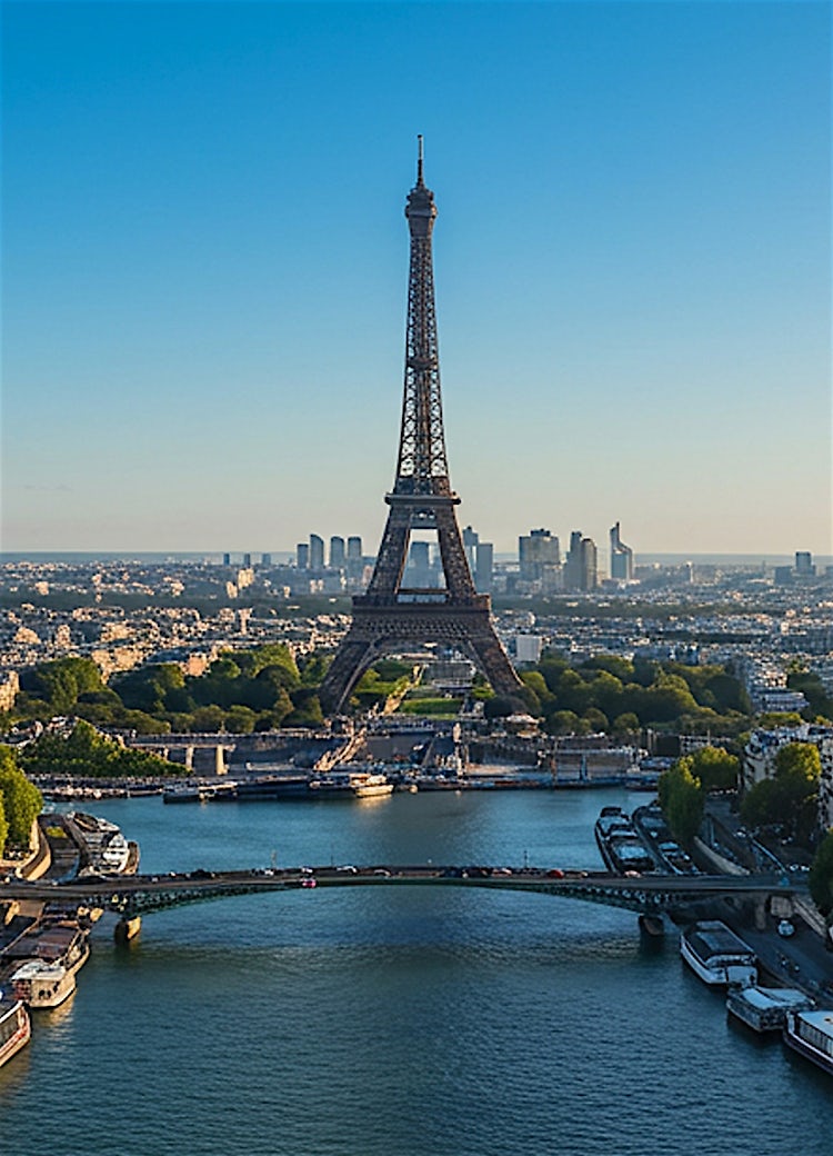 Eiffel Tower overlooking the River Seine in Paris, France, with city skyline, bridges and iconic urban landmarks on a clear day.