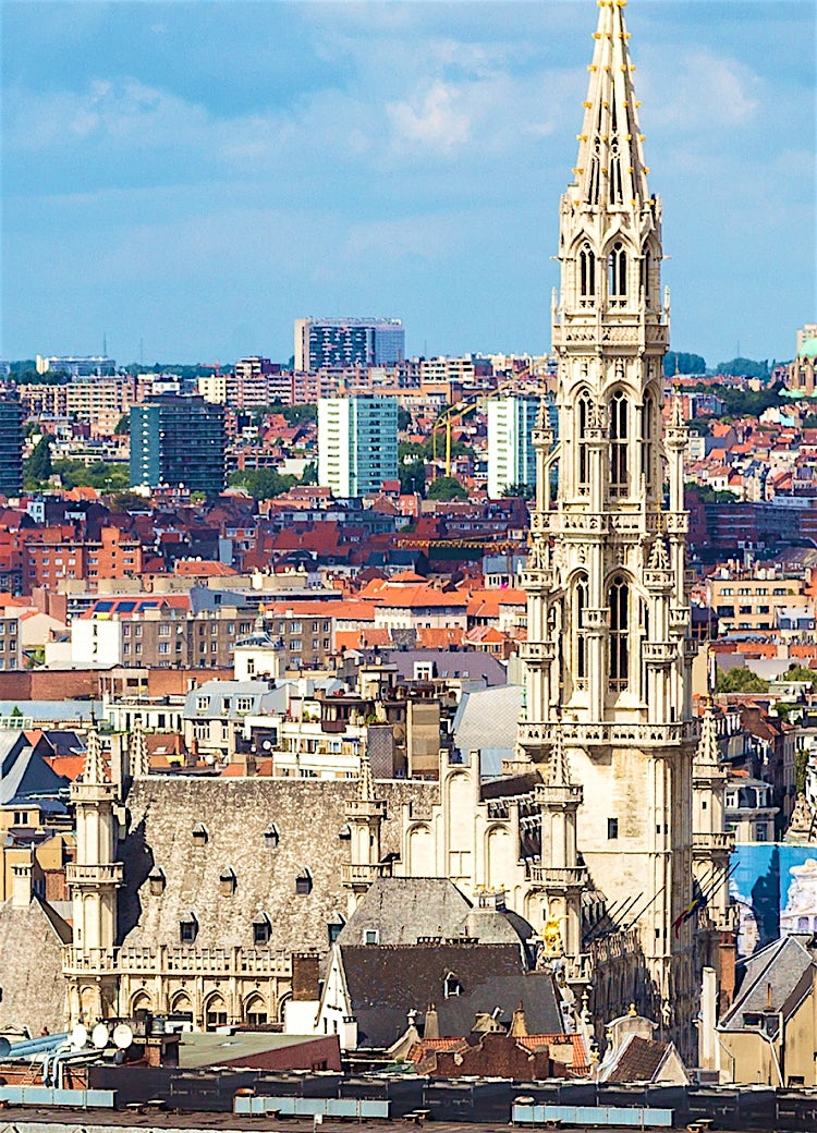 Brussels city skyline featuring the Gothic Town Hall spire and historic Grand Place architecture, Belgium.