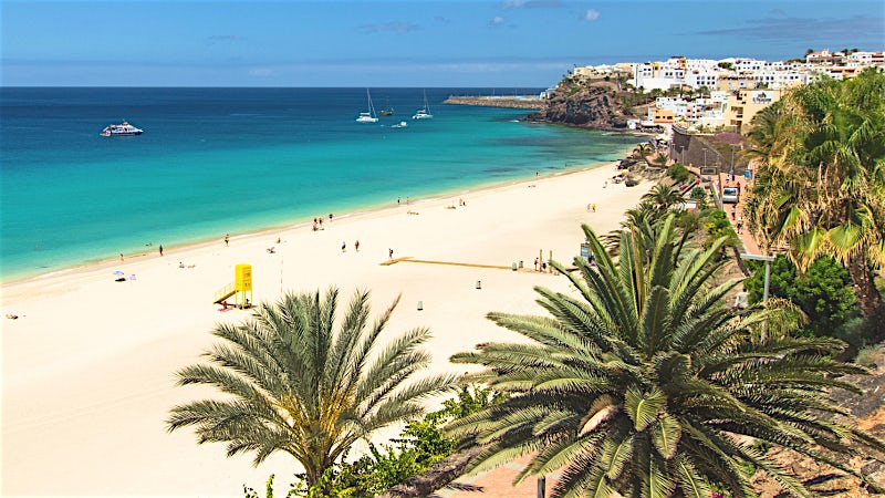 Fuerteventura beach with white sands, turquoise Atlantic waters, palm trees, coastal resort views and boats offshore.