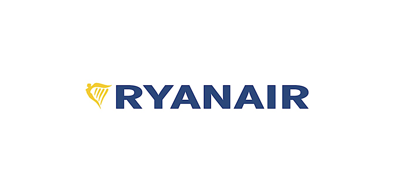 Ryanair airline branding highlighting one of the low-cost carriers available through Sundeals for European holiday travel.