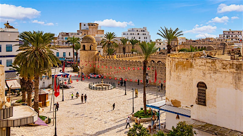 Historic Medina walls and Ribat fortress in the old town of Sousse, Tunisia.