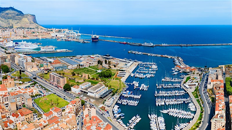 Sicily Italy marina with yachts, Mediterranean harbour and coastal city aerial view