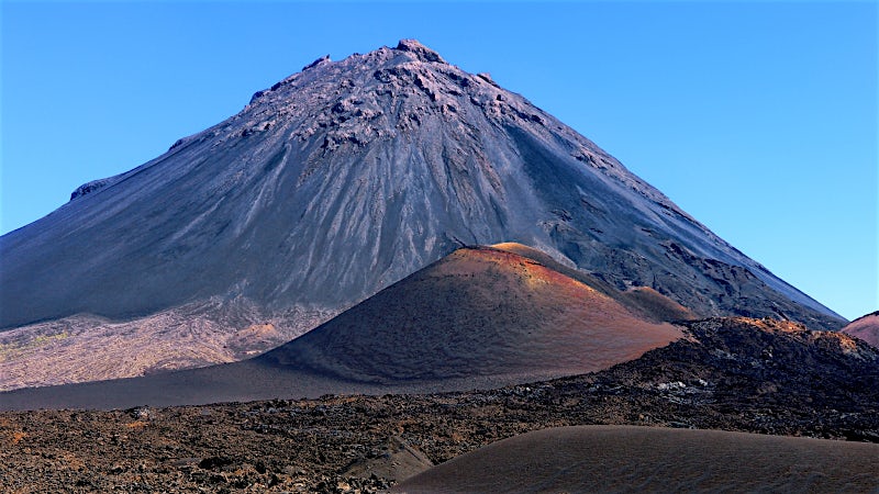 Mount Fogo volcano rising above volcanic landscape on Fogo Island, Cape Verde.
