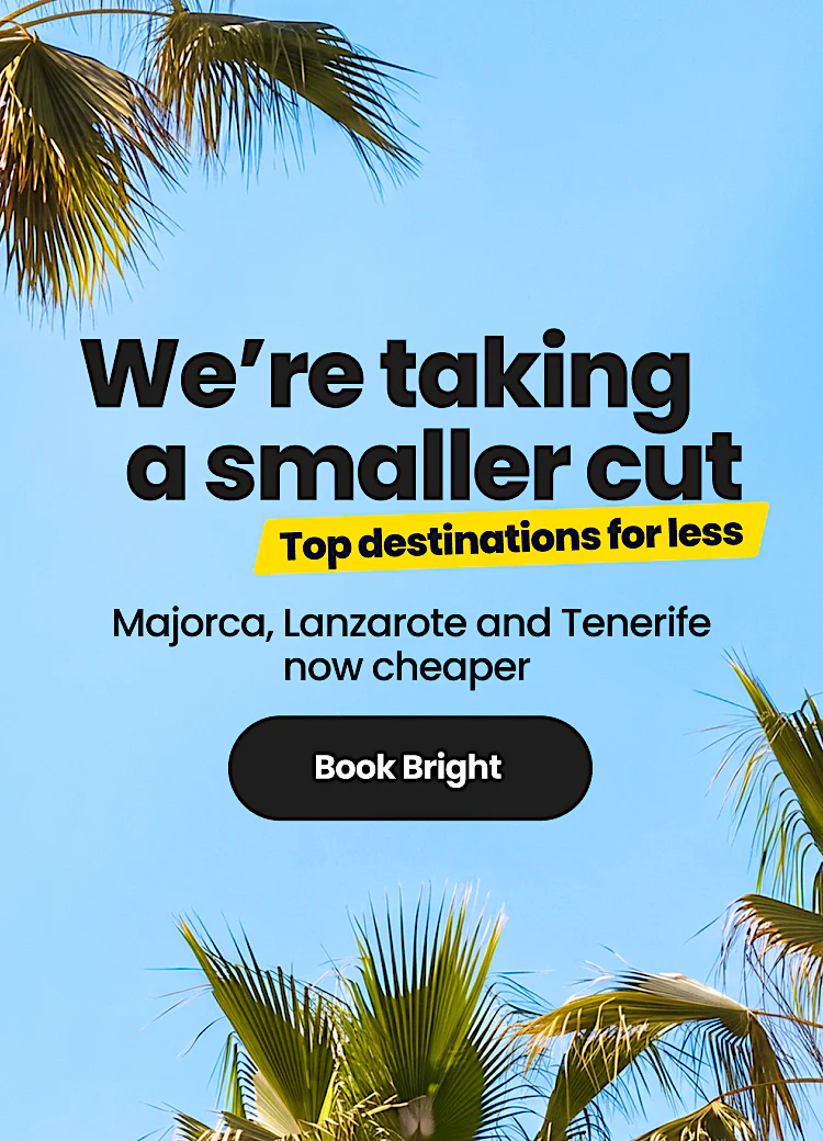 Promotional banner with palm trees, blue skies and offer text highlighting cheaper Majorca, Lanzarote and Tenerife Value holidays from Sundeals