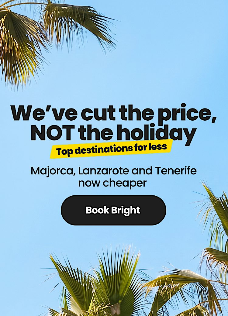 alm trees frame a bright blue sky behind Sundeals’ price-cut holiday offer, promoting cheaper Majorca, Lanzarote and Tenerife Value holidays.