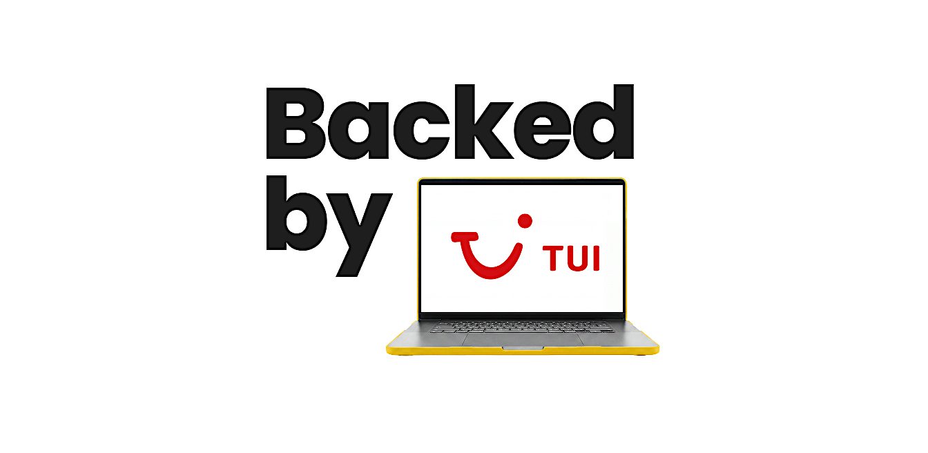 Sundeals backed by TUI, shown with the TUI logo on a laptop screen, highlighting trusted booking support and great-value holidays.
