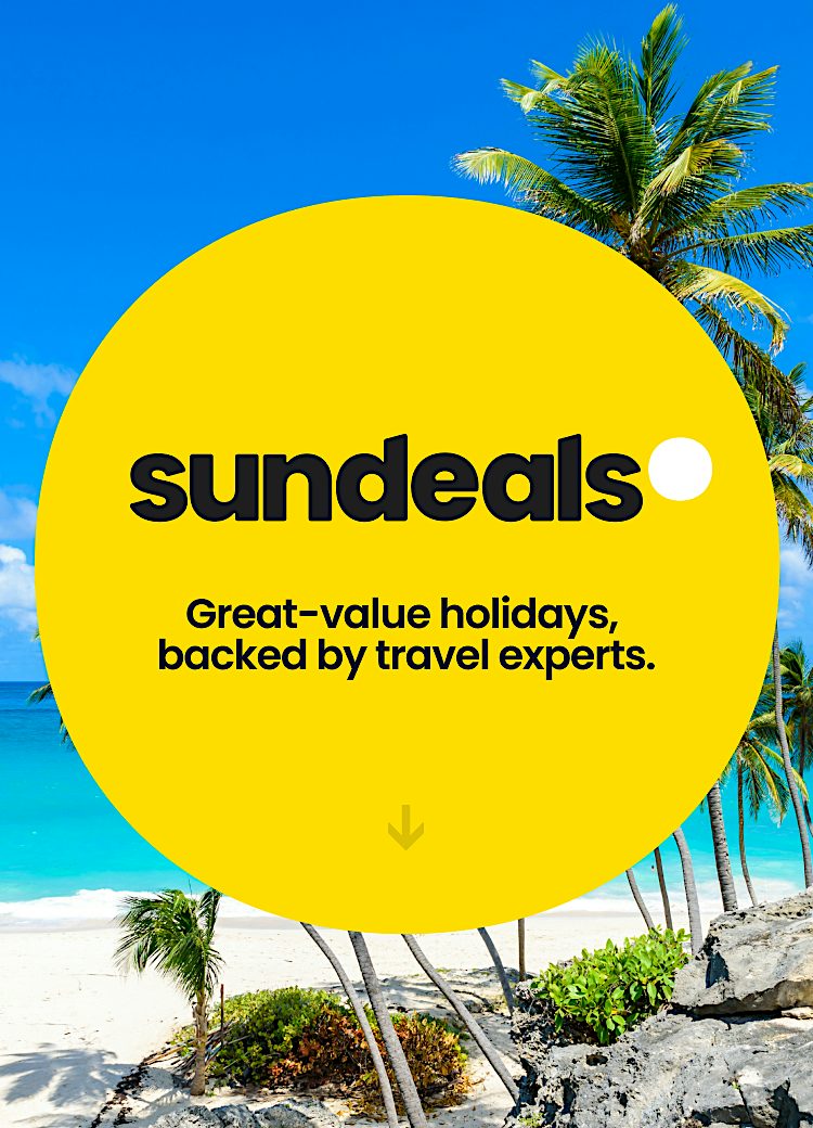 Tropical beach with palm trees and turquoise sea behind the Sundeals logo and message promoting great-value holidays backed by travel experts.