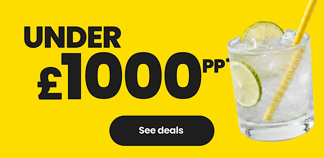Sundeals offer graphic highlighting holidays from under £1,000 per person, with a refreshing drink image and deal button.