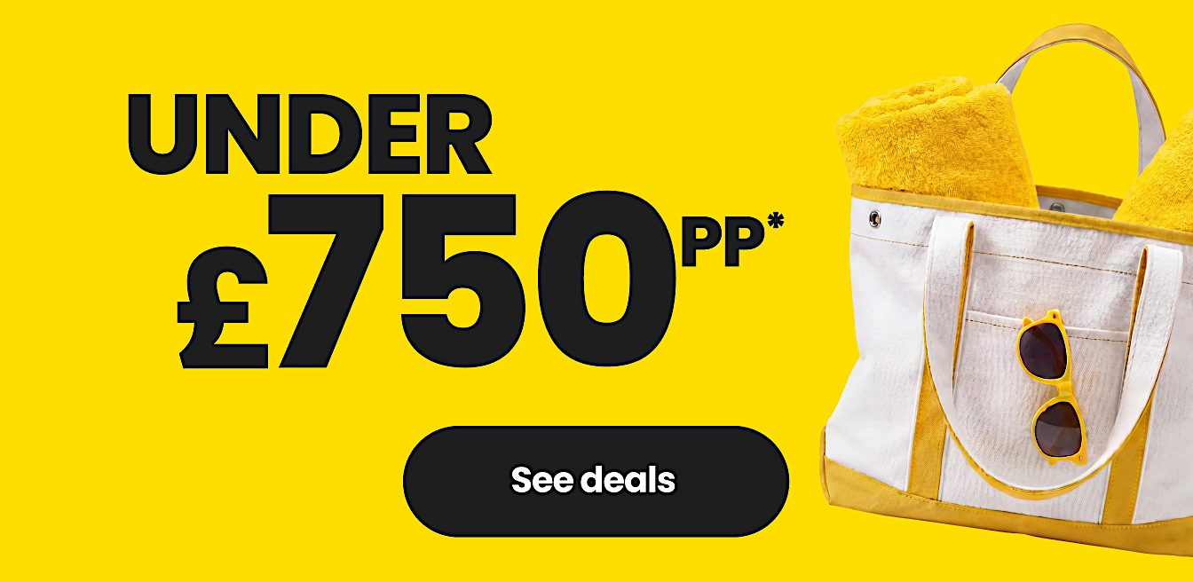 Sundeals promotional graphic advertising holidays from under £750 per person, featuring a beach bag, sunglasses and deal button.