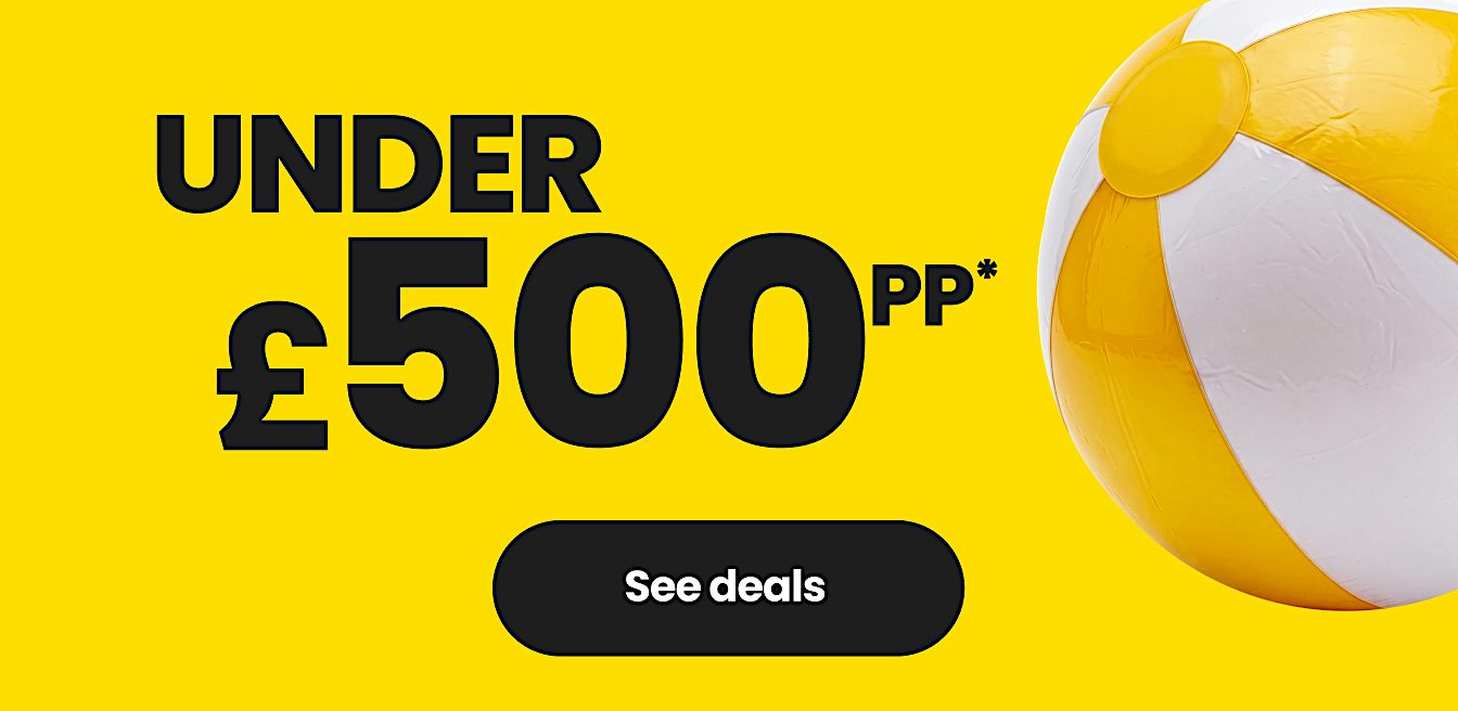 Bright yellow Sundeals offer graphic promoting holidays from under £500 per person, with a beach ball and call-to-action button.
